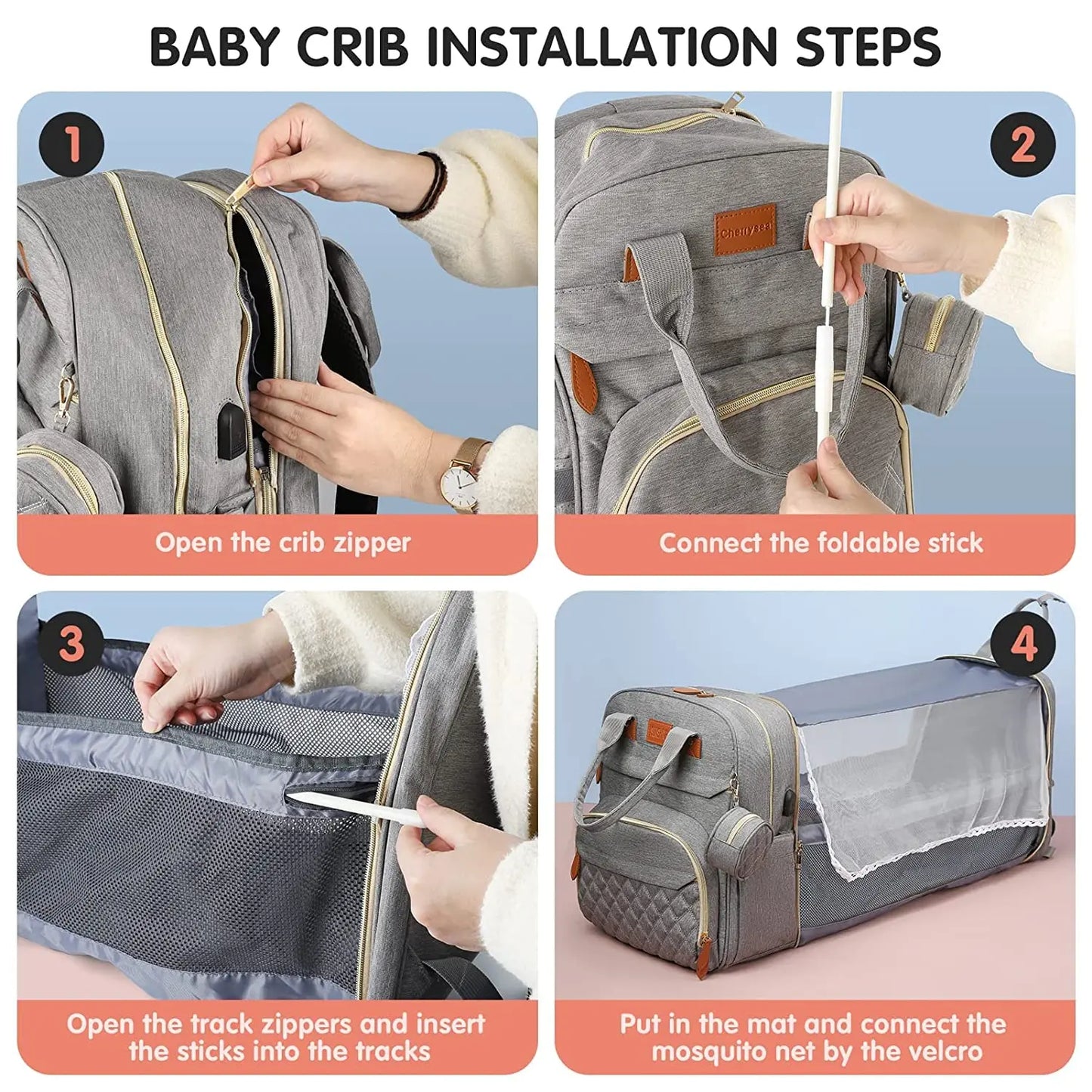 3 In 1 Diaper Bag - Foldable Backpack - Baby Bed And Waterproof Travel Bag